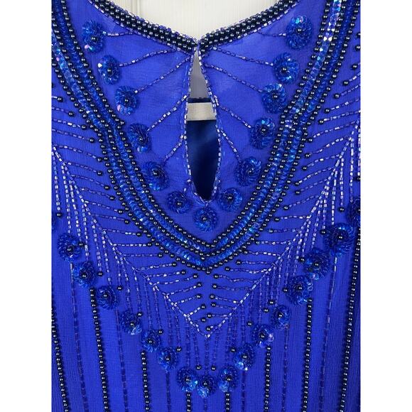 Vintage Blue Silk Full Sequin Formal Event Blouse Top Medium Short Sleeve - Picture 6 of 9